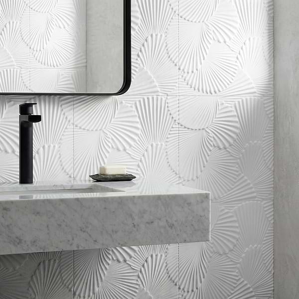 Okeanos Carved White Thassos 16x16 3D Honed Marble Tile