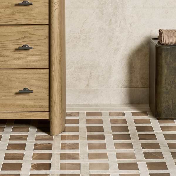 Grand Taj Mahal Cleo Dark Brown and Beige Polished Porcelain Mosaic Tile in Brown, Beige, View 2, open zoomed image