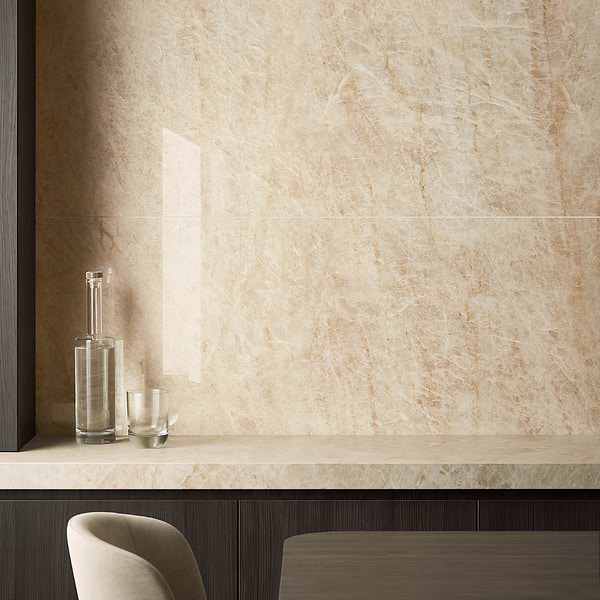 Grand Taj Mahal Lux Shimmer Champagne Beige 24x48 Stone Look Polished Porcelain Tile in Beige, View 2, open zoomed image