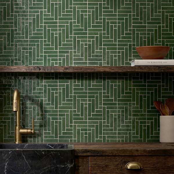 Zelora Forest Green Herringbone Glossy Ceramic Mosaic Tile