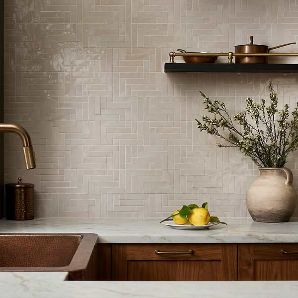 Zelora Linen Beige Herringbone Glossy Ceramic Mosaic Tile