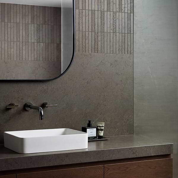 Corretta Deco Mocha Gray 1x6 Stacked Semi-Polished Mosaic Tile, View 2, open zoomed image
