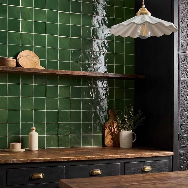 Zelora Forest Green 4x4 Zellige Look Glossy Ceramic Tile