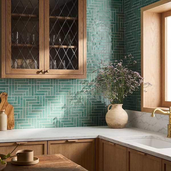 Zelora Mint Green Herringbone Glossy Ceramic Mosaic Tile