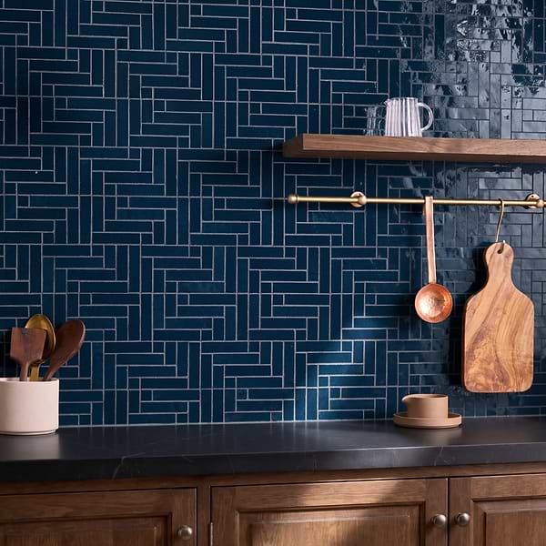 Zelora Marine Blue Herringbone Glossy Ceramic Mosaic Tile
