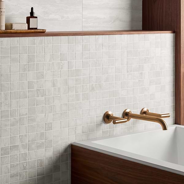 Basic Travertine Silver 2x2 Matte Porcelain Mosaic in Gray + Silver, View 2, open zoomed image