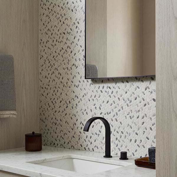 Dova Lilac Tumbled Waterjet Marble Mosaic Tile in White, Purple, View 2, open zoomed image