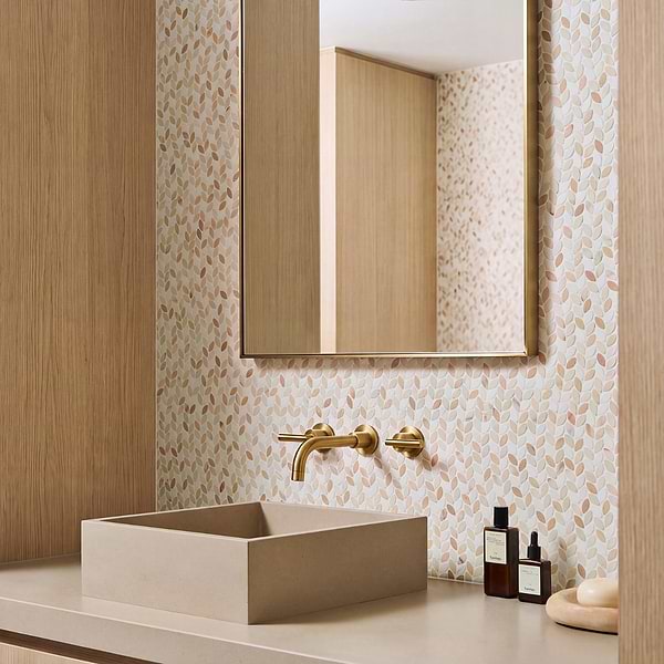 Dova Rose Tumbled Waterjet Marble Mosaic Tile in Pink, White, View 2, open zoomed image