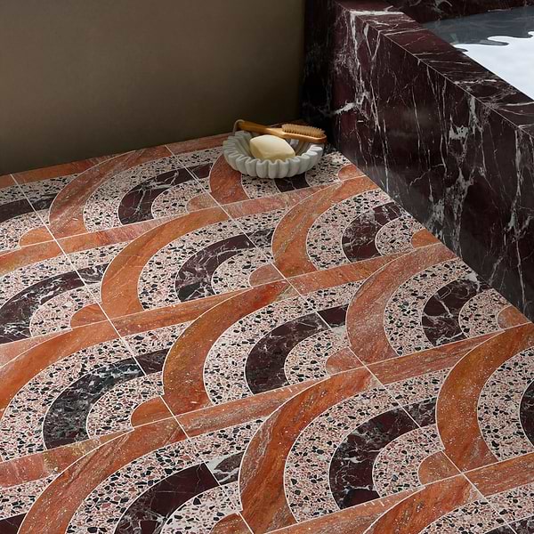 Elizabeth Sutton Arc Horizontal Canyon Terracotta 12x12 Honed Marble and Terrazzo Mosaic Tile