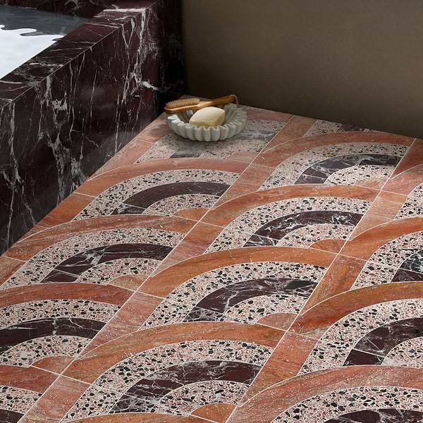 Elizabeth Sutton Arc Vertical Fish Scale Canyon Terracotta 12x12 Honed Marble and Terrazzo Mosaic Tile