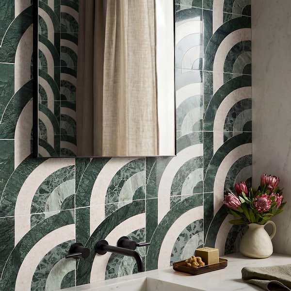 Elizabeth Sutton Arc Vertical Fish Scale Forest Green 12x12 Honed Marble and Terrazzo Mosaic Tile