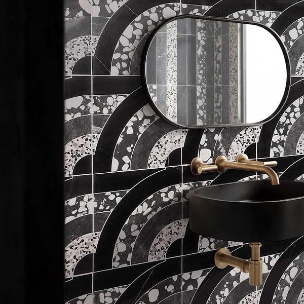 Elizabeth Sutton Arc Horizontal Noir Black & White 12x12 Honed Marble and Terrazzo Mosaic Tile