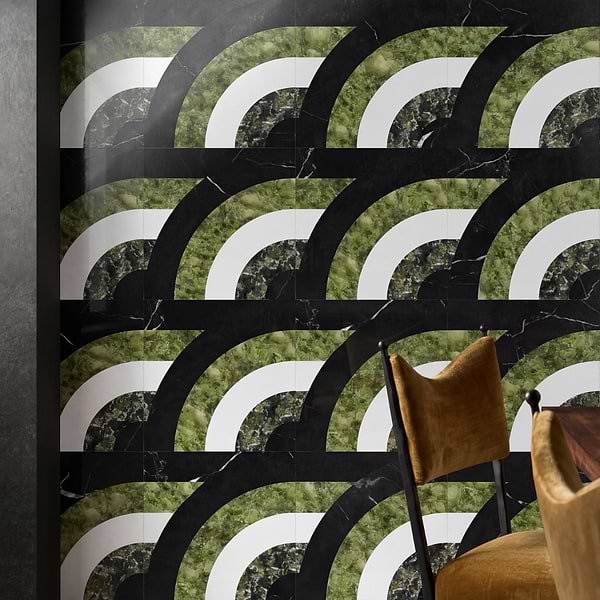 Elizabeth Sutton Arc Horizontal Soul Green & Black 12x12 Polished Marble Mosaic Tile