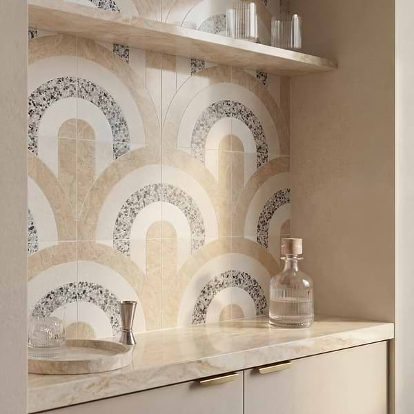 Elizabeth Sutton Arc Offset Semi-Circle Desert Beige 12x12 Honed Marble and Terrazzo Mosaic Tile