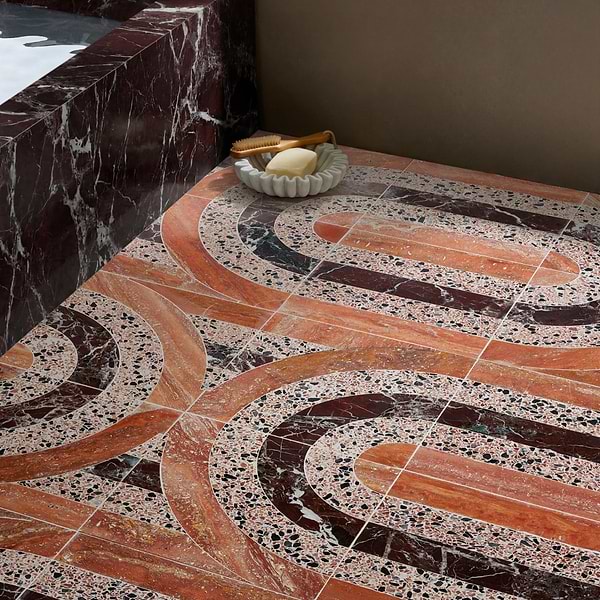 Elizabeth Sutton Arc Oval Canyon Terracotta 12x12 Honed Marble and Terrazzo Mosaic Tile