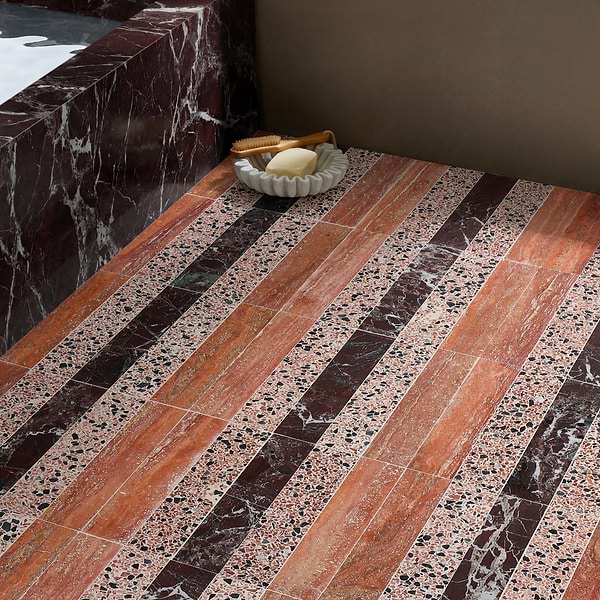 Elizabeth Sutton Arc Stripes Canyon Terracotta 12x12 Honed Marble and Terrazzo Mosaic Tile
