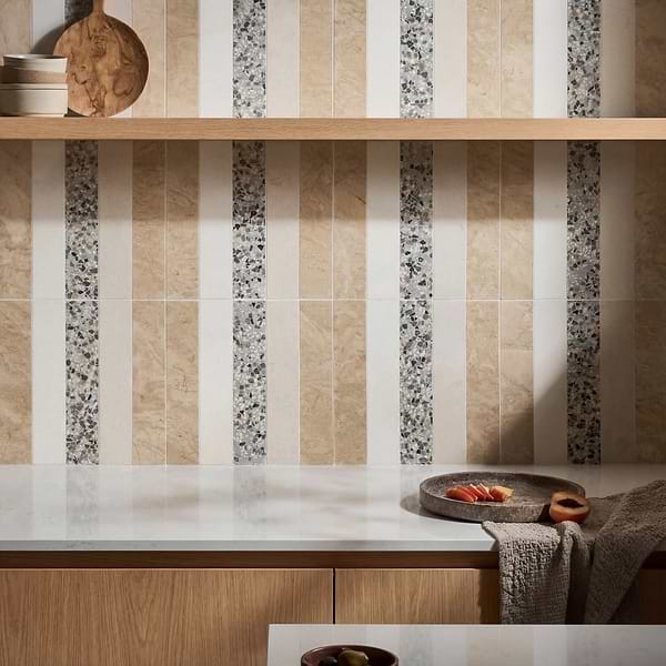 Elizabeth Sutton Arc Linear Desert Beige 12x12 Honed Marble and Terrazzo Mosaic Tile