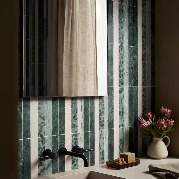 Elizabeth Sutton Arc Stripes Forest Green 12x12 Honed Marble and Terrazzo Mosaic Tile