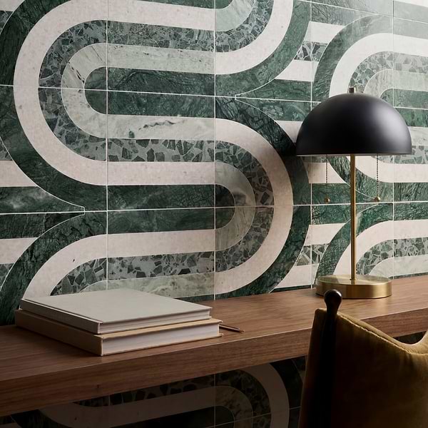 Elizabeth Sutton Arc Wave Forest Green 12x12 Honed Marble and Terrazzo Mosaic Tile