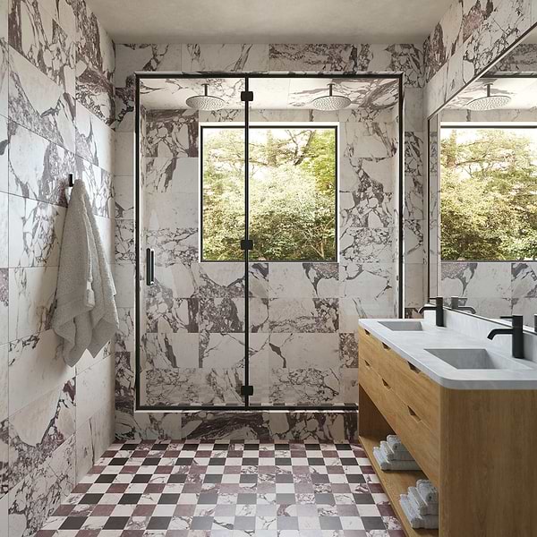 Calacatta Viola Premium and Red Bordeaux and Black 4x4 Honed Marble Checkerboard Mosaic Tile