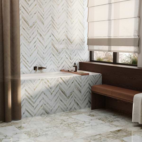 Calacatta Verde Premium and Bianco Dolomite 3x9 Chevron Honed Marble Mosaic Tile