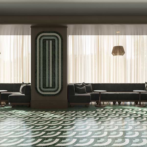 Elizabeth Sutton Arc Horizontal Forest Green 12x12 Honed Marble and Terrazzo Mosaic Tile