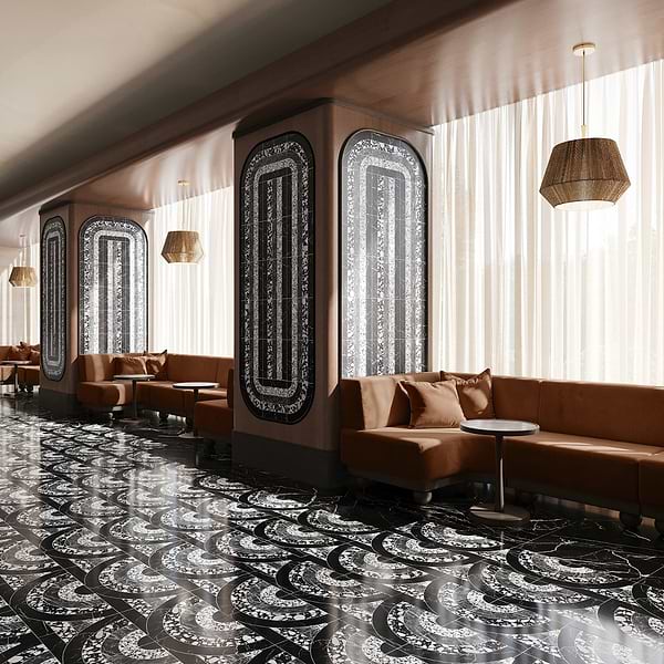 Elizabeth Sutton Arc Semi-Circle Noir Black & White 12x12 Honed Marble and Terrazzo Mosaic Tile