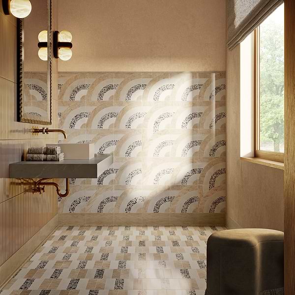 Elizabeth Sutton Arc Horizontal Desert Beige 12x12 Honed Marble and Terrazzo Mosaic Tile
