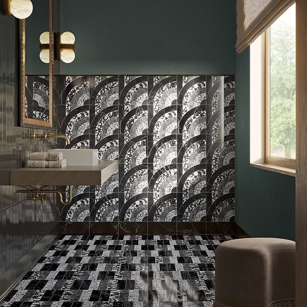Elizabeth Sutton Arc Vertical Noir Black & White 12x12 Honed Marble and Terrazzo Mosaic Tile