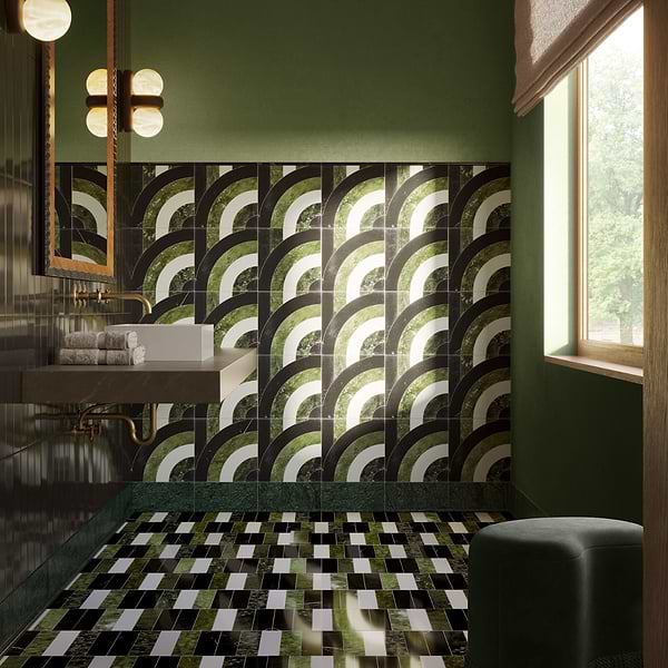 Elizabeth Sutton Arc Vertical Soul Green & Black 12x12 Polished Marble Mosaic Tile