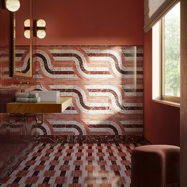 Elizabeth Sutton Arc Interlock Canyon Terracotta 12x12 Honed Marble and Terrazzo Mosaic Tile