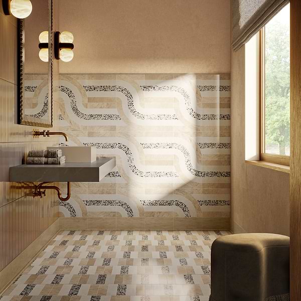 Elizabeth Sutton Arc Interlock Desert Beige 12x12 Honed Marble and Terrazzo Mosaic Tile