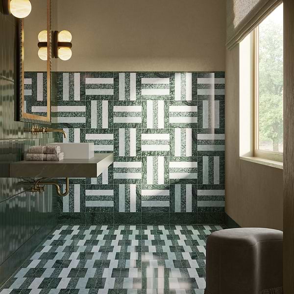 Elizabeth Sutton Arc Offset Linear Forest Green 12x12 Honed Marble and Terrazzo Mosaic Tile