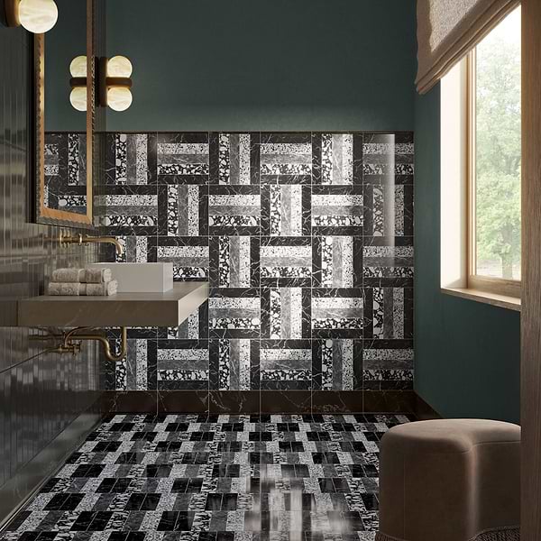 Elizabeth Sutton Arc Offset Linear Noir Black & White 12x12 Honed Marble and Terrazzo Mosaic Tile