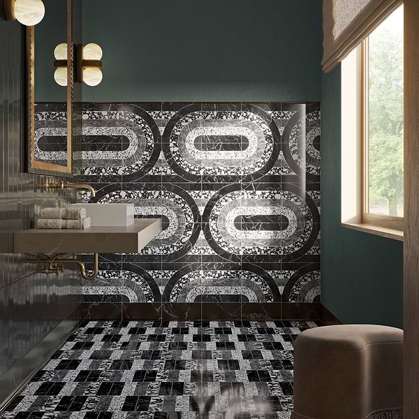 Elizabeth Sutton Arc Oval Noir Black & White 12x12 Honed Marble and Terrazzo Mosaic Tile