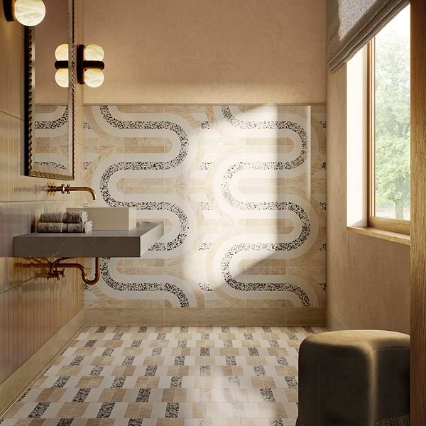 Elizabeth Sutton Arc Wave Desert Beige 12x12 Honed Marble and Terrazzo Mosaic Tile