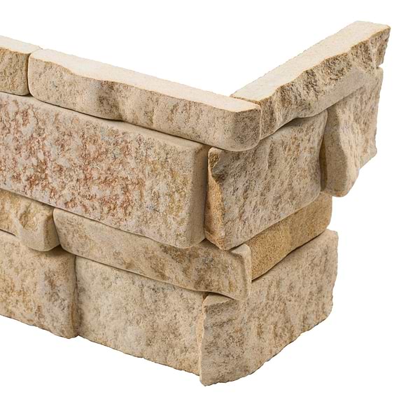 Tenerife French Cremar Beige 6x24 Brokenface Limestone Stacked Stone Corner