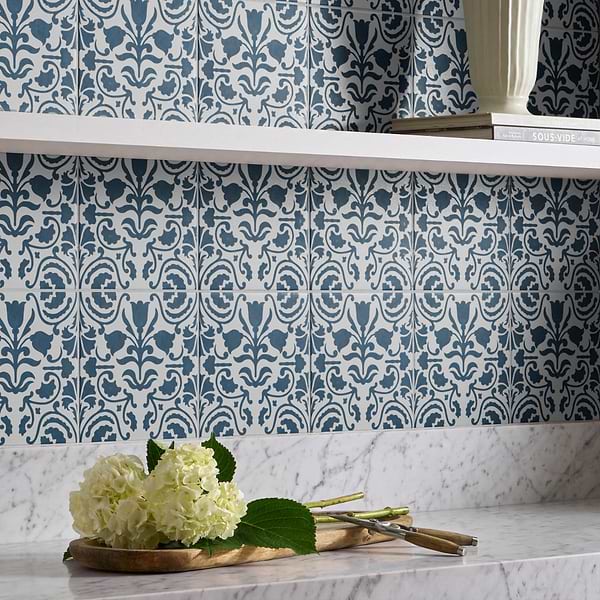 Elowynn Belle Cove White 8x8 Matte Porcelain Tile by Kravet in Blue, White, View 2, open zoomed image