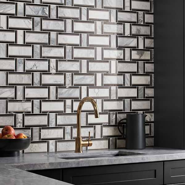 Esplanade Gray and Nero Marquina Polished Marble Mosaic Tile in Gray, White, Black, View 2, open zoomed image