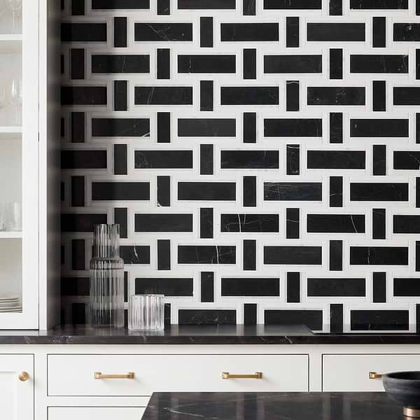 Esplanade Nero Marquina and Bianco Carrara Polished Marble Mosaic Tile