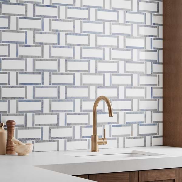 Esplanade Thassos and Blue Macauba Polished Marble Mosaic Tile; in White, Blue Thassos, Blue Macauba Image Hover image; for Backsplash, Bathroom Floor, Bathroom Wall, Commercial Floor, Floor Tile, Kitchen Floor, Kitchen Wall, Outdoor Floor, Outdoor Wall, Shower Floor, Shower Wall, Wall Tile; in Style Ideas Classic, Cottage, Farmhouse, Transitional