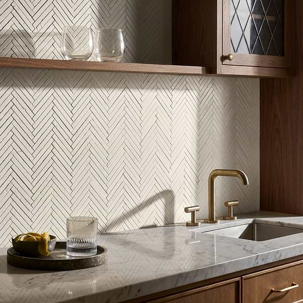 Bianco Perlino 1.5x4 Herringbone Brushed Marble Mosaic Tile