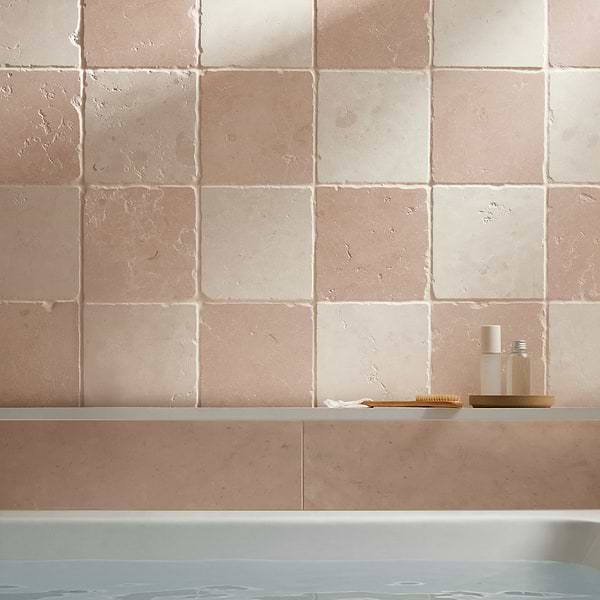 Bianco and Rosa Perlino 8x8 Tumbled Marble Checkerboard Tile