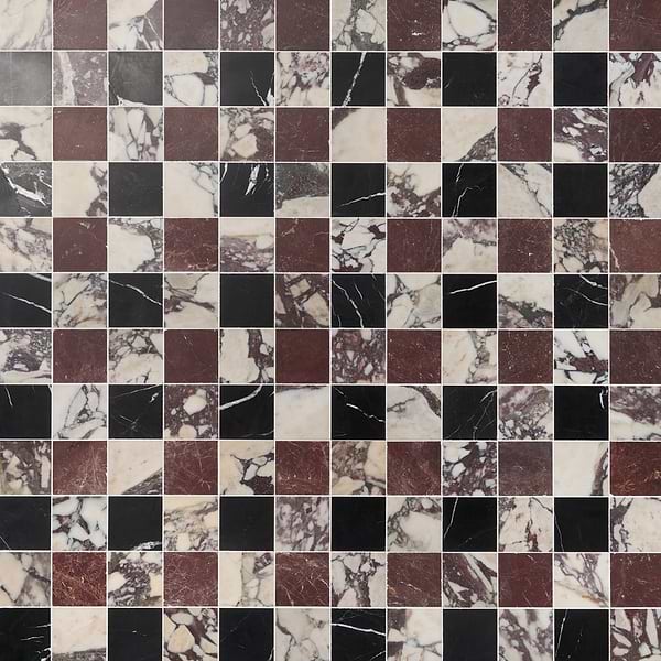Calacatta Viola Premium and Red Bordeaux and Black 4x4 Honed Marble Checkerboard Mosaic Tile