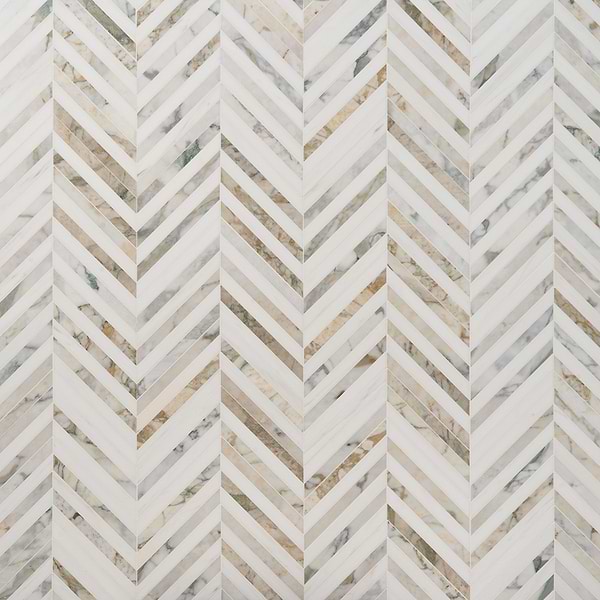Calacatta Verde Premium and Bianco Dolomite 3x9 Chevron Honed Marble Mosaic Tile