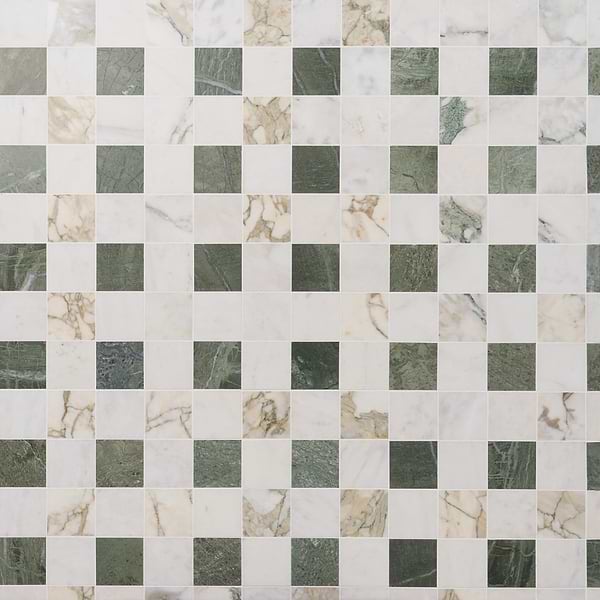 Calacatta Verde Premium and Glacier White and Tia Verde 4x4 Honed Marble Mosaic Tile