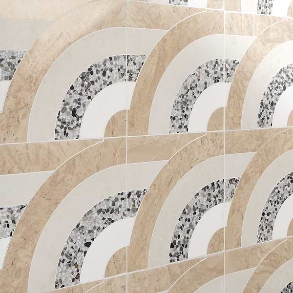 Elizabeth Sutton Arc Horizontal Fish Scale Desert Beige 12x12 Honed Marble and Terrazzo Mosaic Tile