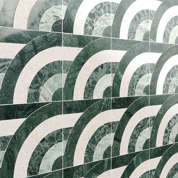 Elizabeth Sutton Arc Horizontal Forest Green 12x12 Honed Marble and Terrazzo Mosaic Tile