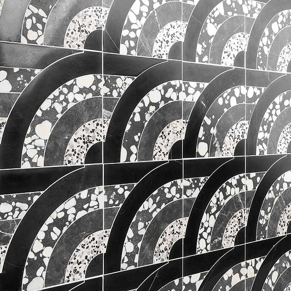 Elizabeth Sutton Arc Horizontal Noir Black & White 12x12 Honed Marble and Terrazzo Mosaic Tile