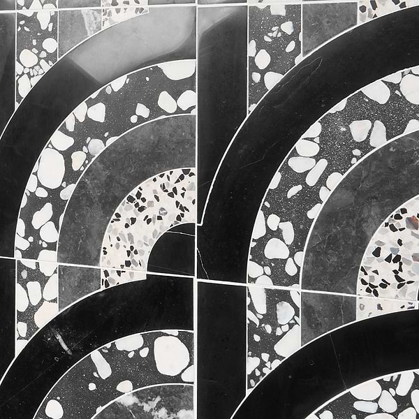 Elizabeth Sutton Arc Vertical Noir Black & White 12x12 Honed Marble and Terrazzo Mosaic Tile